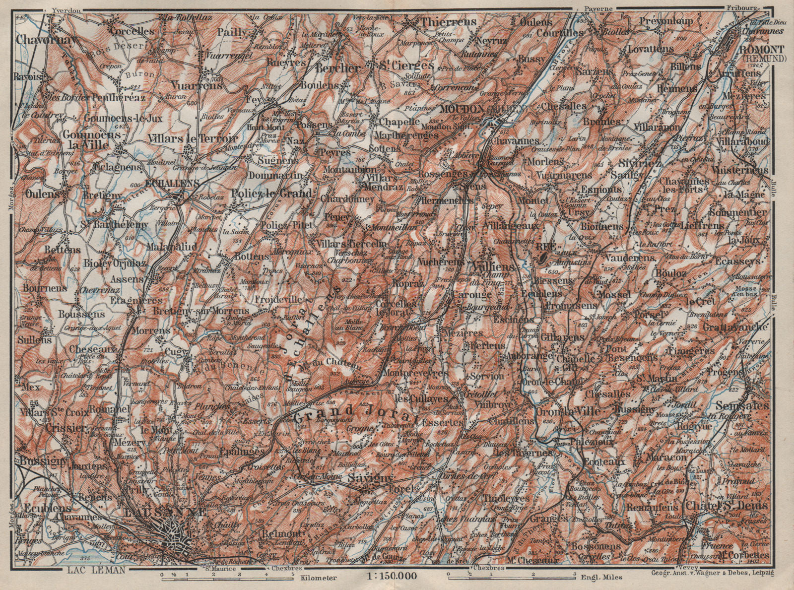 PAYS DE VAUD North. Lausanne Moudon Romont Jorat Moudon Echallens 1911 old map